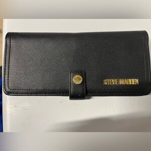 Steve Madden Black Faux Leather Long Wallet with Gold Accents
